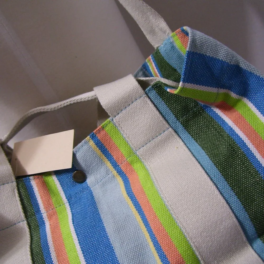 Coldwater Creek Blue Multi Stripped Vegan Canvas Tote Handbag NWOT